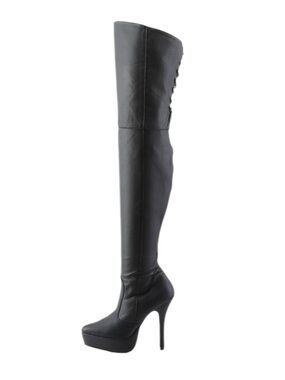Devious “Indulge” Thigh High Lace Up Back Black Leather Platform Boots